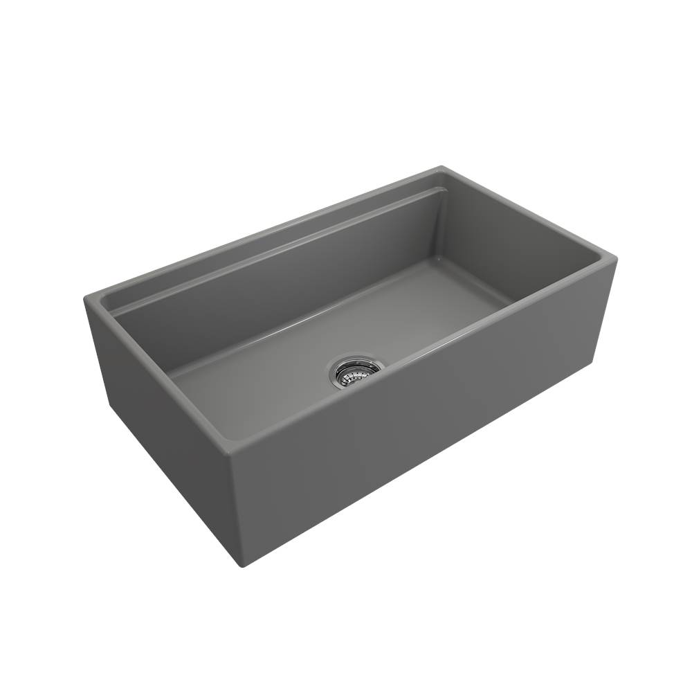 BOCCHI Contempo Step-Rim Apron Front Fireclay 33 in. Single Bowl Kitchen Sink with Integrated Work Station & Accessories in Matte Gray