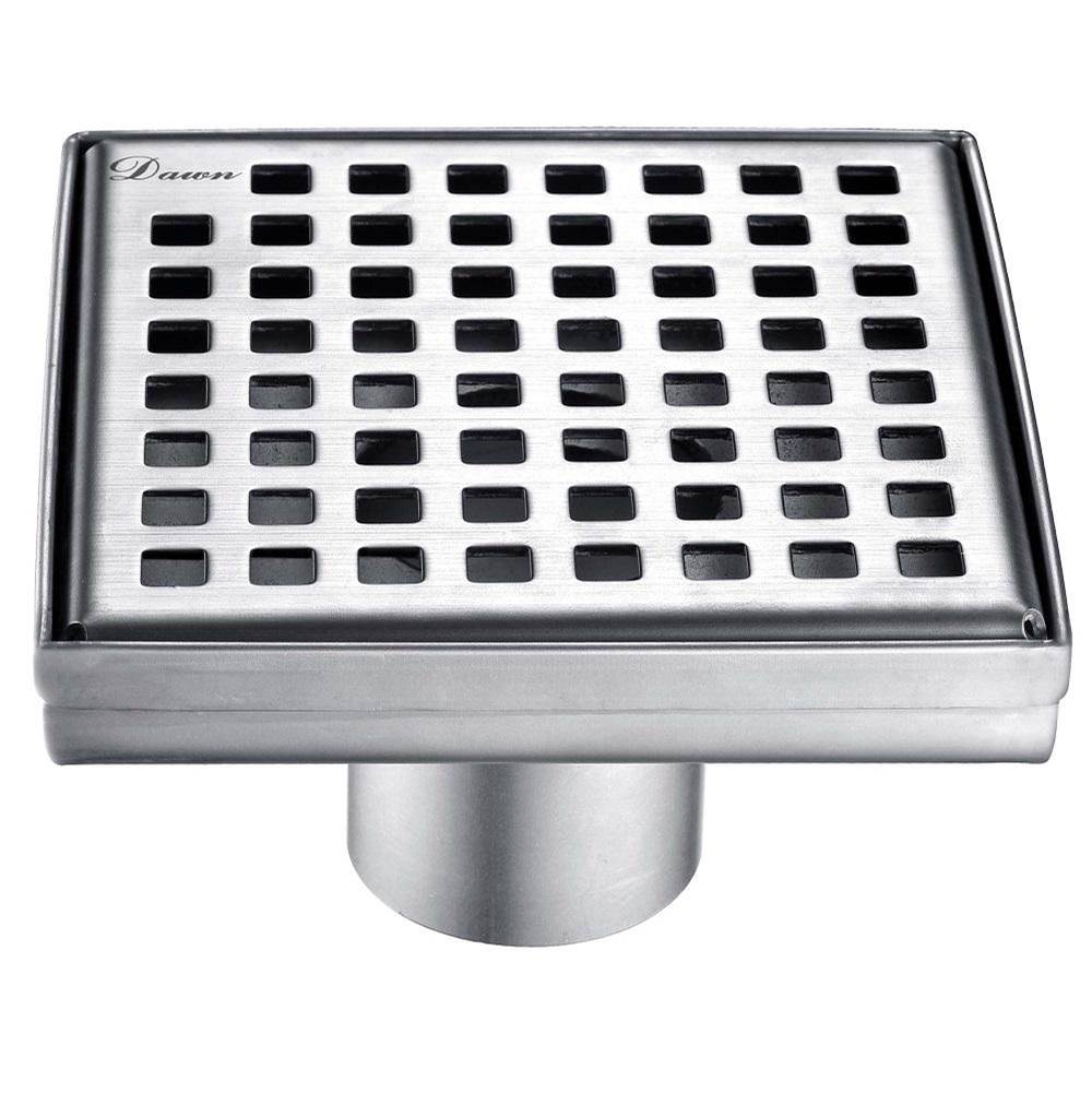 Dawn Shower square drain -- 9G, 304 type stainless steel, polished satin finish: 5-1/4''L x 5-1/4''W x 3-1/8''D Drain: 2'' (Punch & Bend)