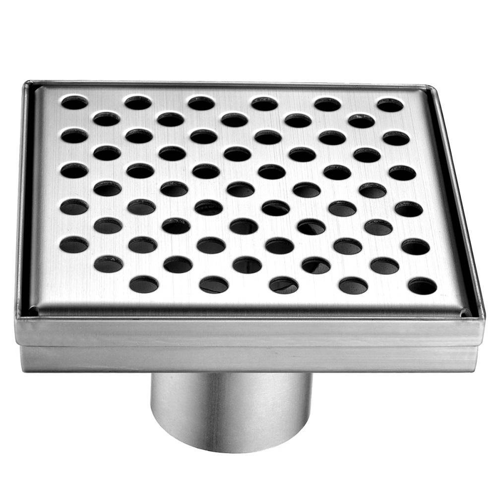 Dawn Shower square drain -- 9G, 304 type stainless steel, polished satin finish: 5-1/4''L x 5-1/4''W x 3-1/8''D Drain: 2'' (Punch & Bend)
