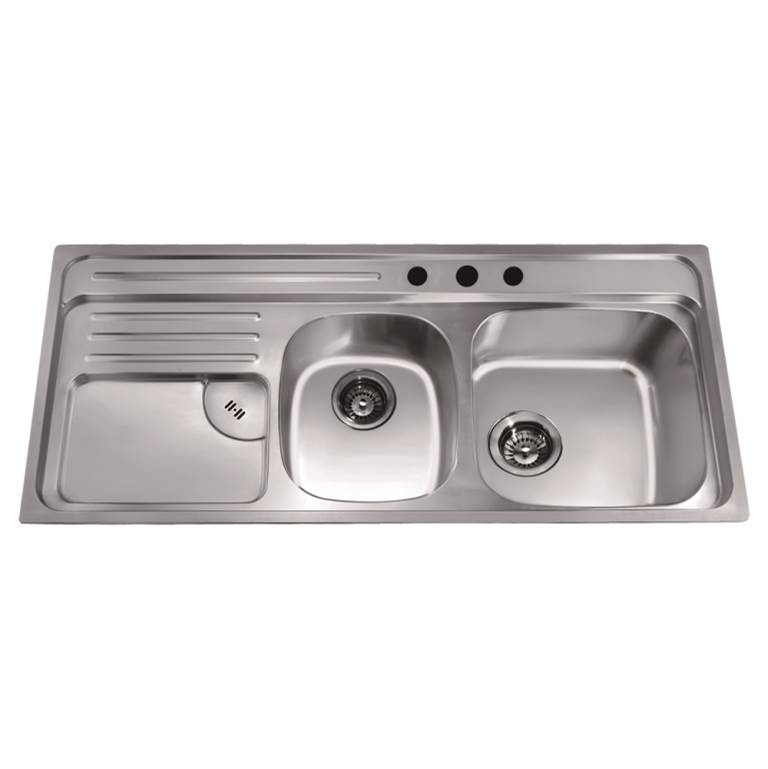 Dawn Dawn® Top Mount Double Bowl Sink with Integral Drain Board and 3 Holes (Large Bowl on Right)