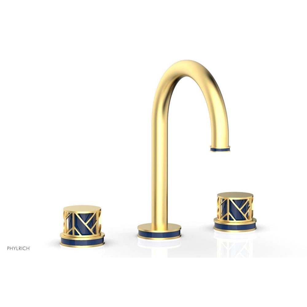 Phylrich Polished Copper (Living Finish) Jolie Widespread Lavatory Faucet With Gooseneck Spout, Round Cutaway Handles, And Navy Blue Accents - 1.2GPM