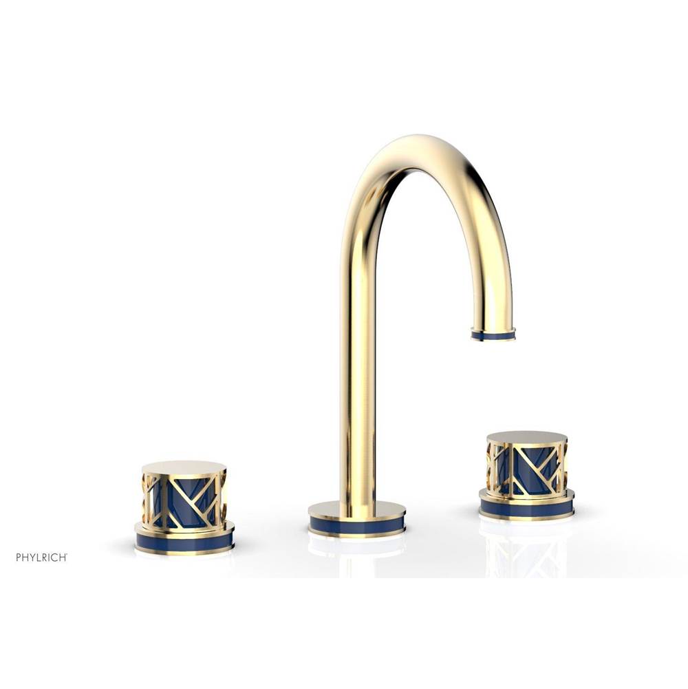 Phylrich Polished Brass Jolie Widespread Lavatory Faucet With Gooseneck Spout, Round Cutaway Handles, And Navy Blue Accents - 1.2GPM