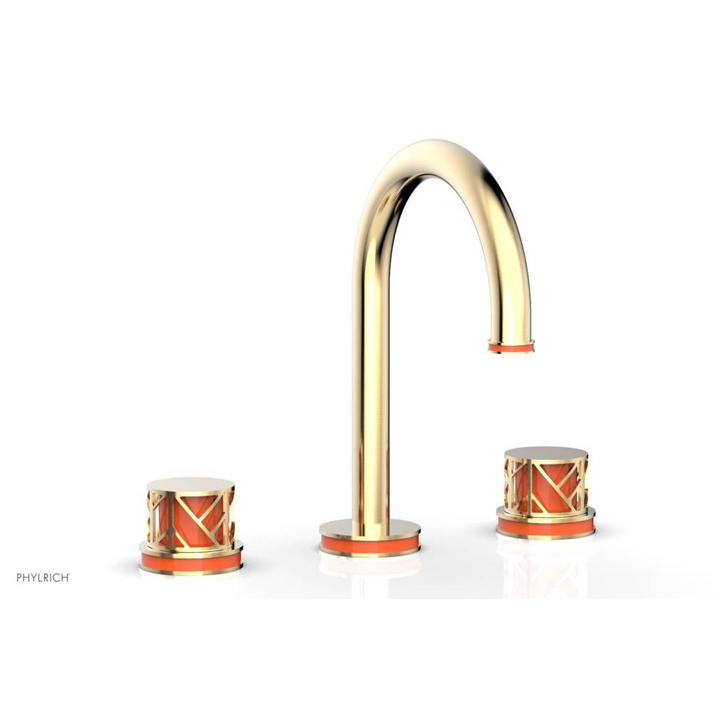 Phylrich Satin White Jolie Widespread Lavatory Faucet With Gooseneck Spout, Round Cutaway Handles, And Orange Accents - 1.2GPM