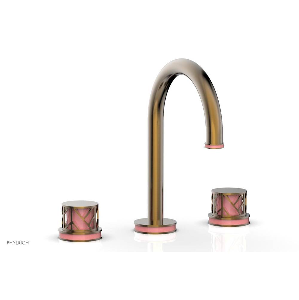 Phylrich Old English Brass Jolie Widespread Lavatory Faucet With Gooseneck Spout, Round Cutaway Handles, And Pink Accents - 1.2GPM