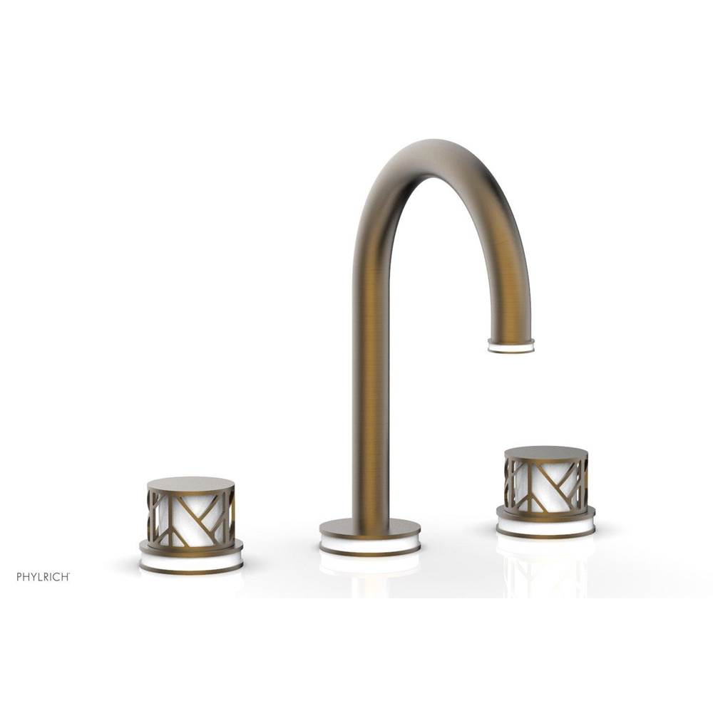Phylrich Antique Brass Jolie Widespread Lavatory Faucet With Gooseneck Spout, Round Cutaway Handles, And Gloss White Accents - 1.2GPM