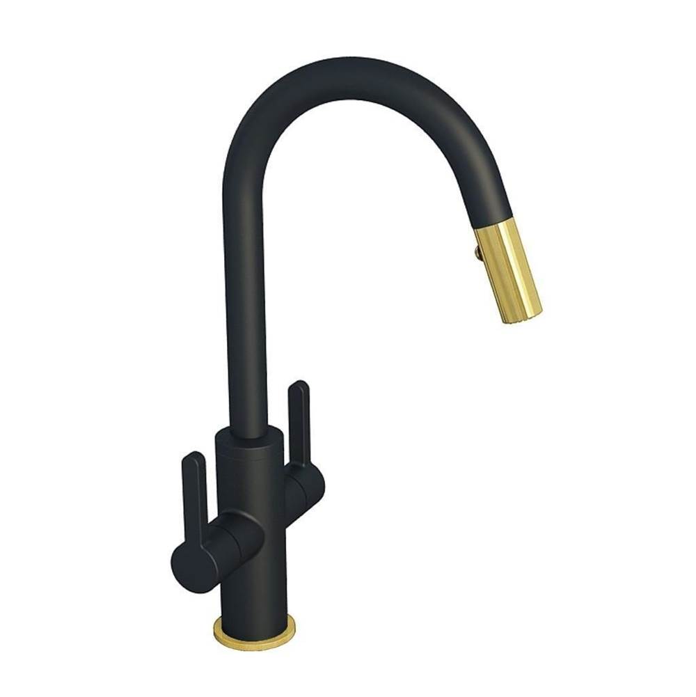 In2aqua Edge Two-Lever Handle Kitchen Faucet With Swivel Spout And Pull-Down Spray, Matte Black/Brushed Gold Combo