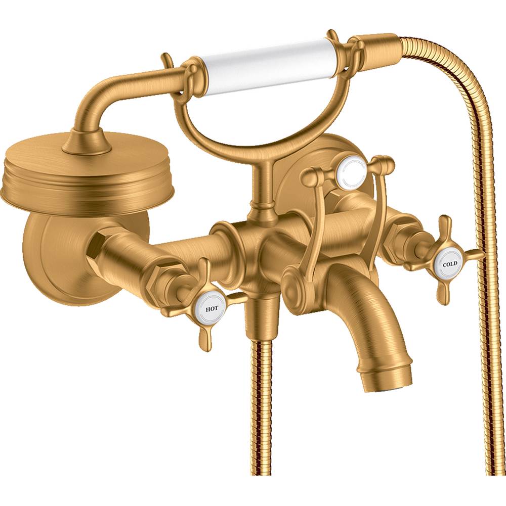 Axor Montreux 2-Handle Wall-Mounted Tub Filler with Cross Handles and 1.8 GPM Handshower in Brushed Gold Optic