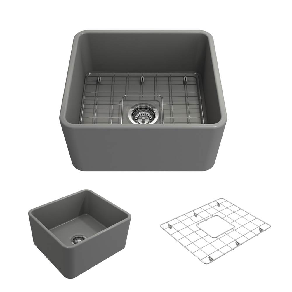 BOCCHI Classico Farmhouse Apron Front Fireclay 20 in. Single Bowl Kitchen Sink with Protective Bottom Grid and Strainer in Matte Gray