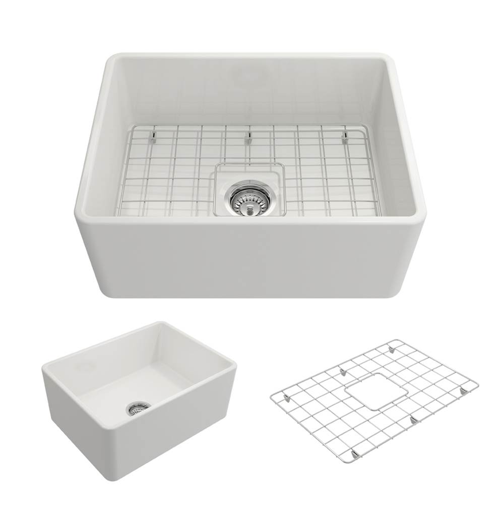 BOCCHI Classico Farmhouse Apron Front Fireclay 24 in. Single Bowl Kitchen Sink with Protective Bottom Grid and Strainer in White