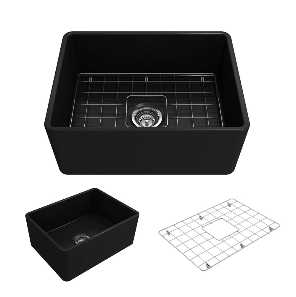 BOCCHI Classico Farmhouse Apron Front Fireclay 24 in. Single Bowl Kitchen Sink with Protective Bottom Grid and Strainer in Matte Black