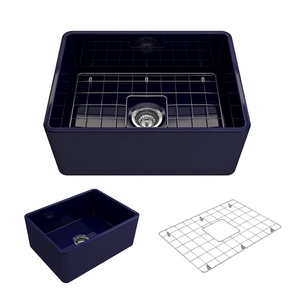 BOCCHI Classico Farmhouse Apron Front Fireclay 24 in. Single Bowl Kitchen Sink with Protective Bottom Grid and Strainer in Sapphire Blue