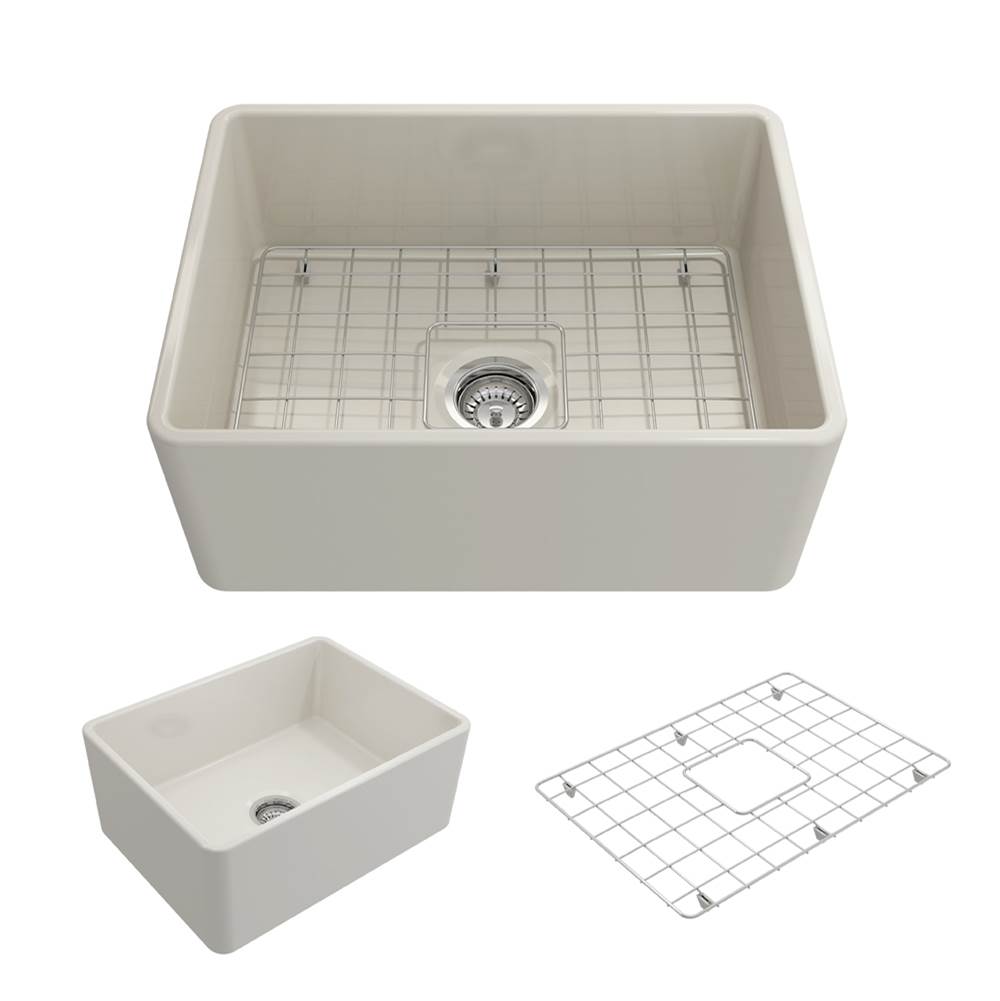 BOCCHI Classico Farmhouse Apron Front Fireclay 24 in. Single Bowl Kitchen Sink with Protective Bottom Grid and Strainer in Biscuit