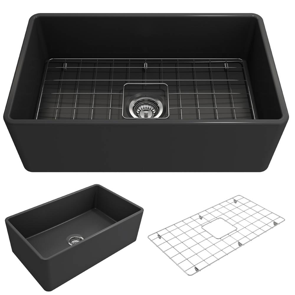 BOCCHI Classico Farmhouse Apron Front Fireclay 30 in. Single Bowl Kitchen Sink with Protective Bottom Grid and Strainer in Matte Dark Gray