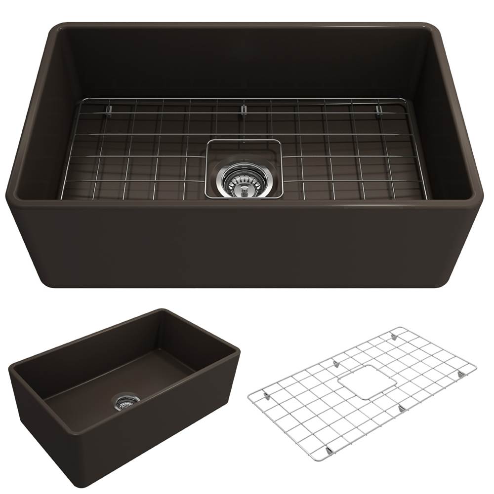 BOCCHI Classico Farmhouse Apron Front Fireclay 30 in. Single Bowl Kitchen Sink with Protective Bottom Grid and Strainer in Matte Brown