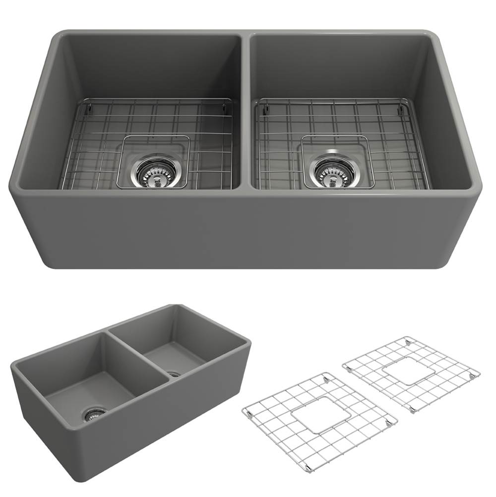 BOCCHI Classico Farmhouse Apron Front Fireclay 33 in. Double Bowl Kitchen Sink with Protective Bottom Grids and Strainers in Matte Gray