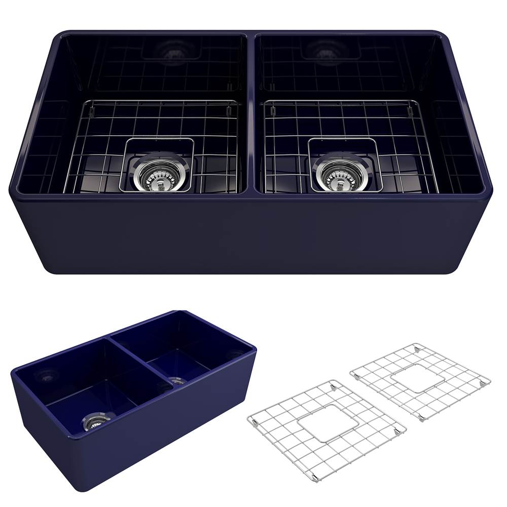 BOCCHI Classico Farmhouse Apron Front Fireclay 33 in. Double Bowl Kitchen Sink with Protective Bottom Grids and Strainers in Sapphire Blue