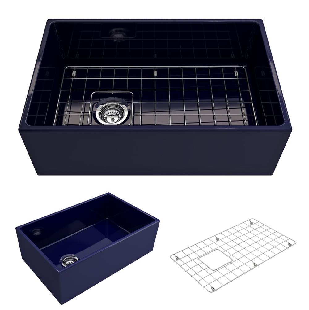 BOCCHI Contempo Apron Front Fireclay 30 in. Single Bowl Kitchen Sink with Protective Bottom Grid and Strainer in Sapphire Blue