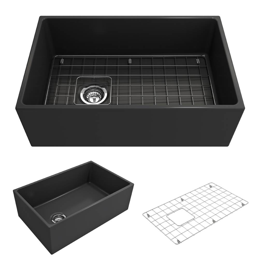 BOCCHI Contempo Apron Front Fireclay 30 in. Single Bowl Kitchen Sink with Protective Bottom Grid and Strainer in Matte Dark Gray