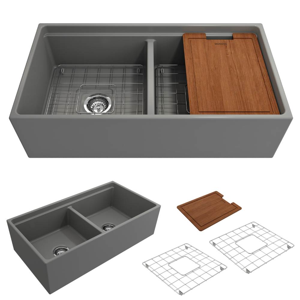 BOCCHI Contempo Step-Rim Apron Front Fireclay 36 in. Double Bowl Kitchen Sink with Integrated Work Station & Accessories in Matte Gray