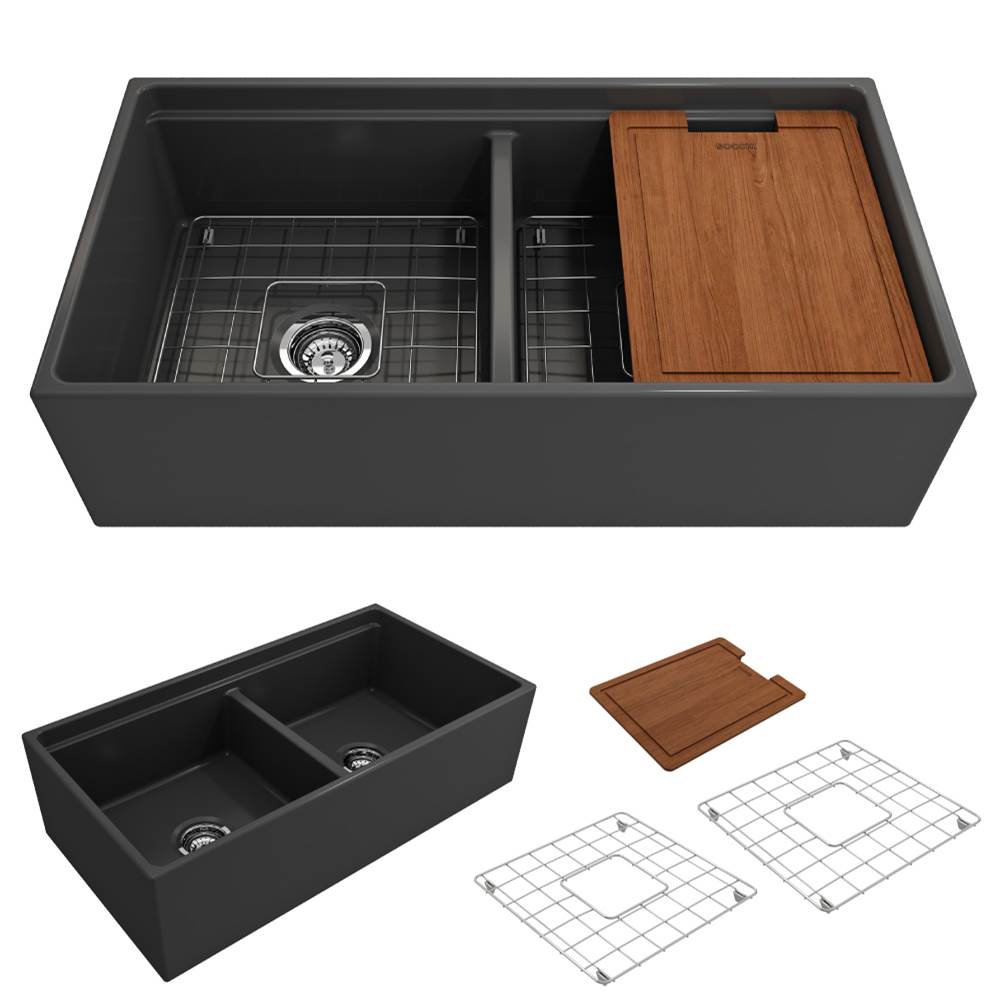 BOCCHI Contempo Step-Rim Apron Front Fireclay 36 in. Double Bowl Kitchen Sink with Integrated Work Station & Accessories in Matte Dark Gray