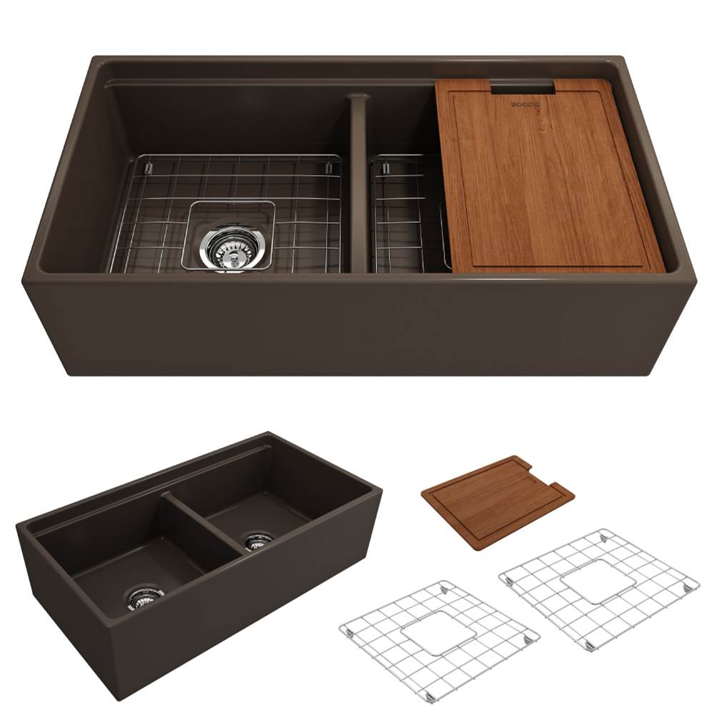 BOCCHI Contempo Step-Rim Apron Front Fireclay 36 in. Double Bowl Kitchen Sink with Integrated Work Station & Accessories in Matte Brown