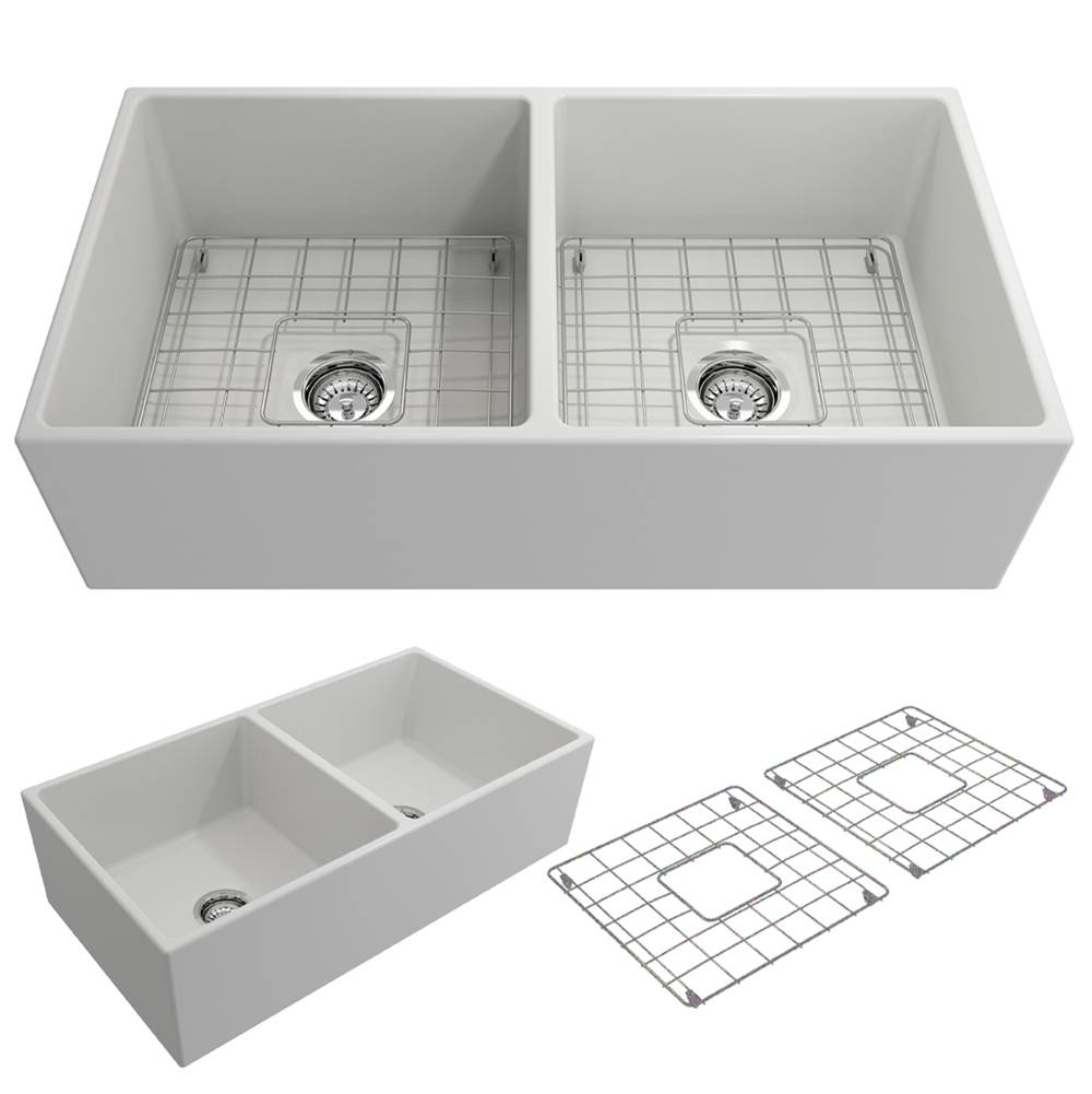 BOCCHI Contempo Apron Front Fireclay 36 in. Double Bowl Kitchen Sink with Protective Bottom Grids and Strainers in Matte White