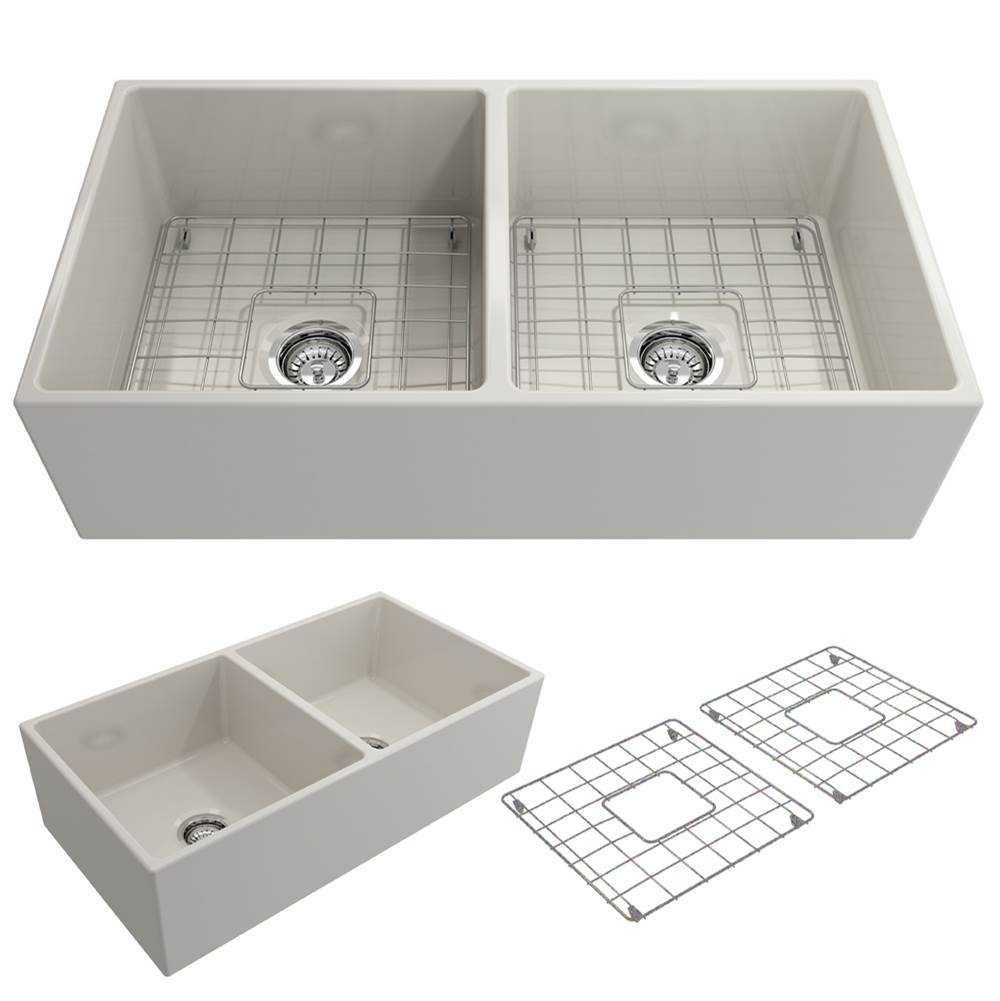 BOCCHI Contempo Apron Front Fireclay 36 in. Double Bowl Kitchen Sink with Protective Bottom Grids and Strainers in Biscuit