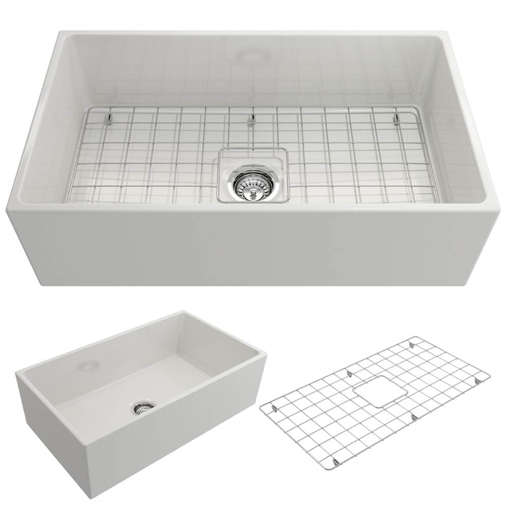 BOCCHI Contempo Apron Front Fireclay 33 in. Single Bowl Kitchen Sink with Protective Bottom Grid and Strainer in White