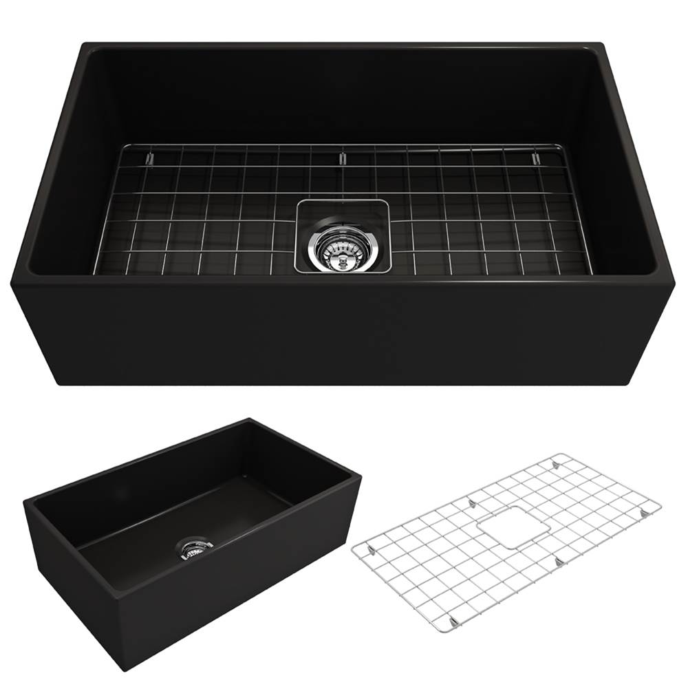 BOCCHI Contempo Apron Front Fireclay 33 in. Single Bowl Kitchen Sink with Protective Bottom Grid and Strainer in Matte Black
