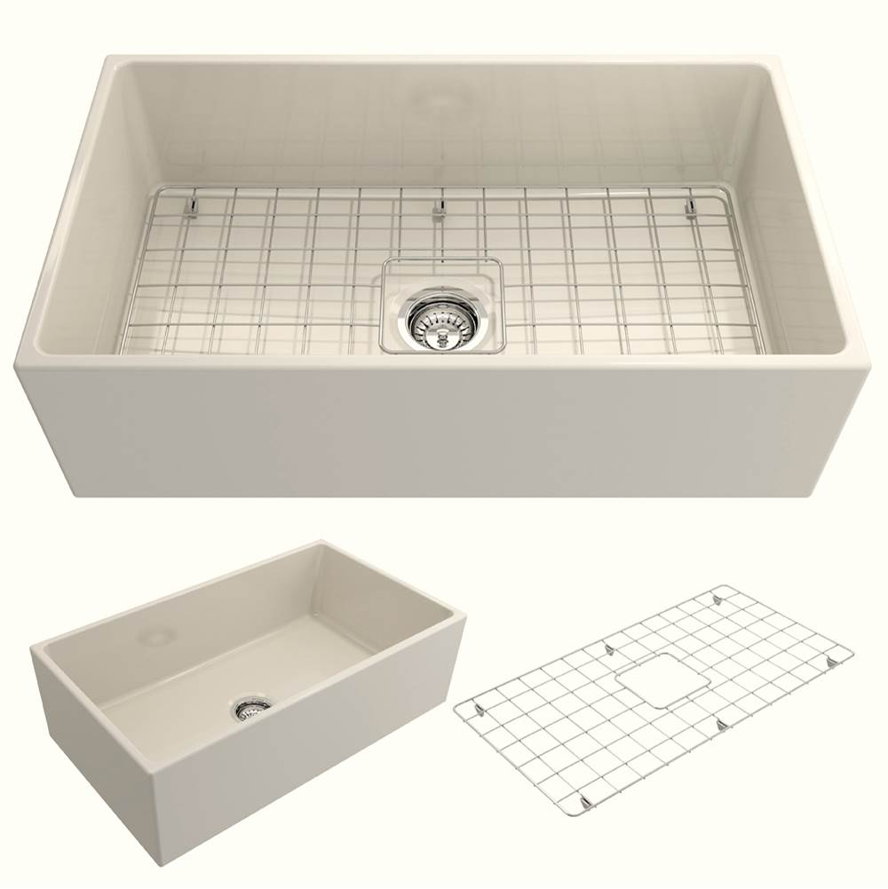 BOCCHI Contempo Apron Front Fireclay 33 in. Single Bowl Kitchen Sink with Protective Bottom Grid and Strainer in Biscuit