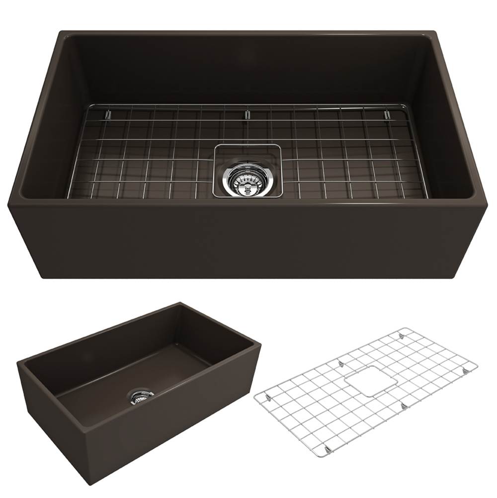 BOCCHI Contempo Apron Front Fireclay 33 in. Single Bowl Kitchen Sink with Protective Bottom Grid and Strainer in Matte Brown