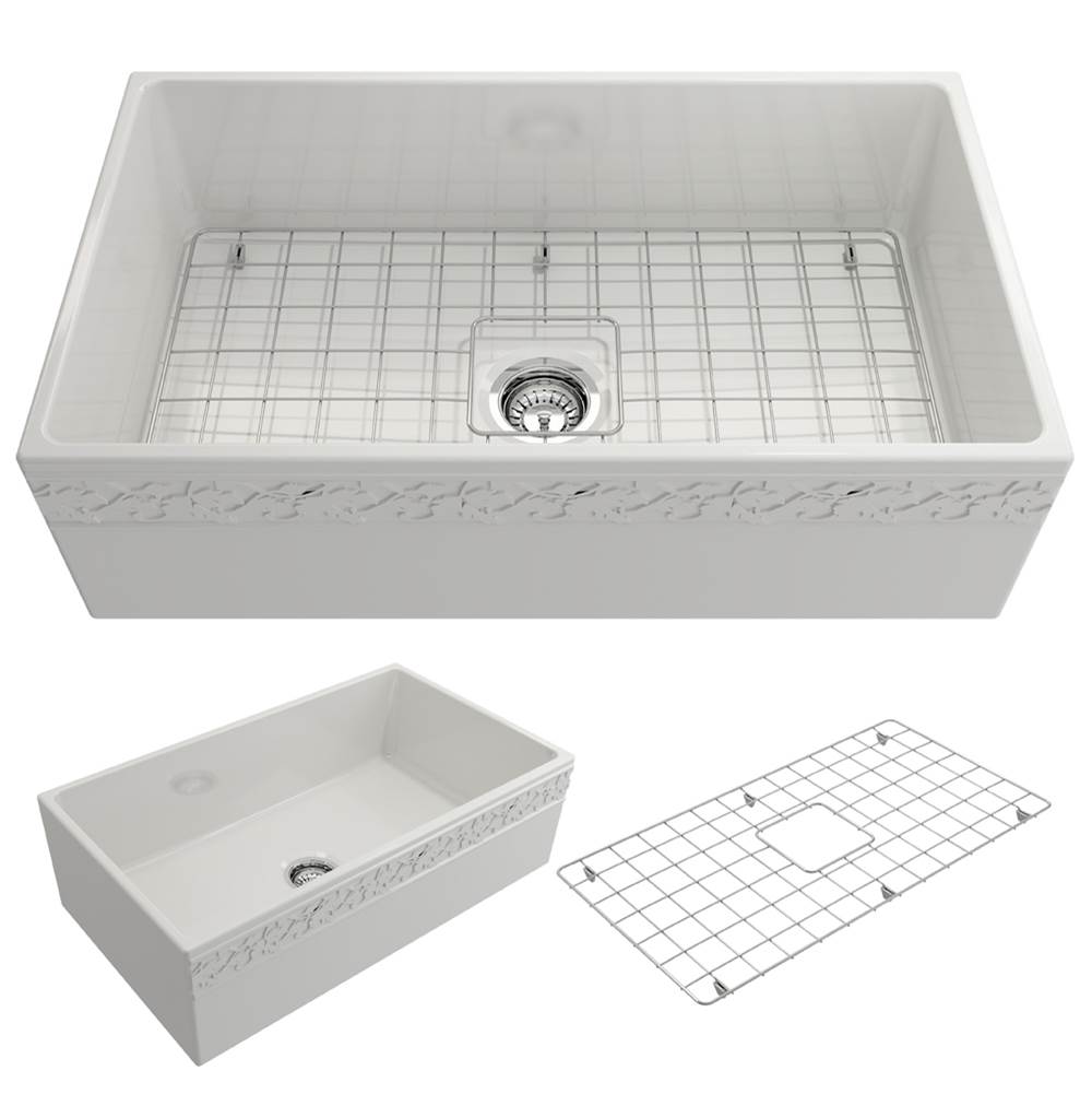 BOCCHI Vigneto Apron Front Fireclay 33 in. Single Bowl Kitchen Sink with Protective Bottom Grid and Strainer in White