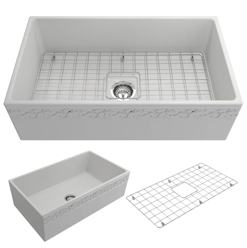 BOCCHI Vigneto Apron Front Fireclay 33 in. Single Bowl Kitchen Sink with Protective Bottom Grid and Strainer in Matte White