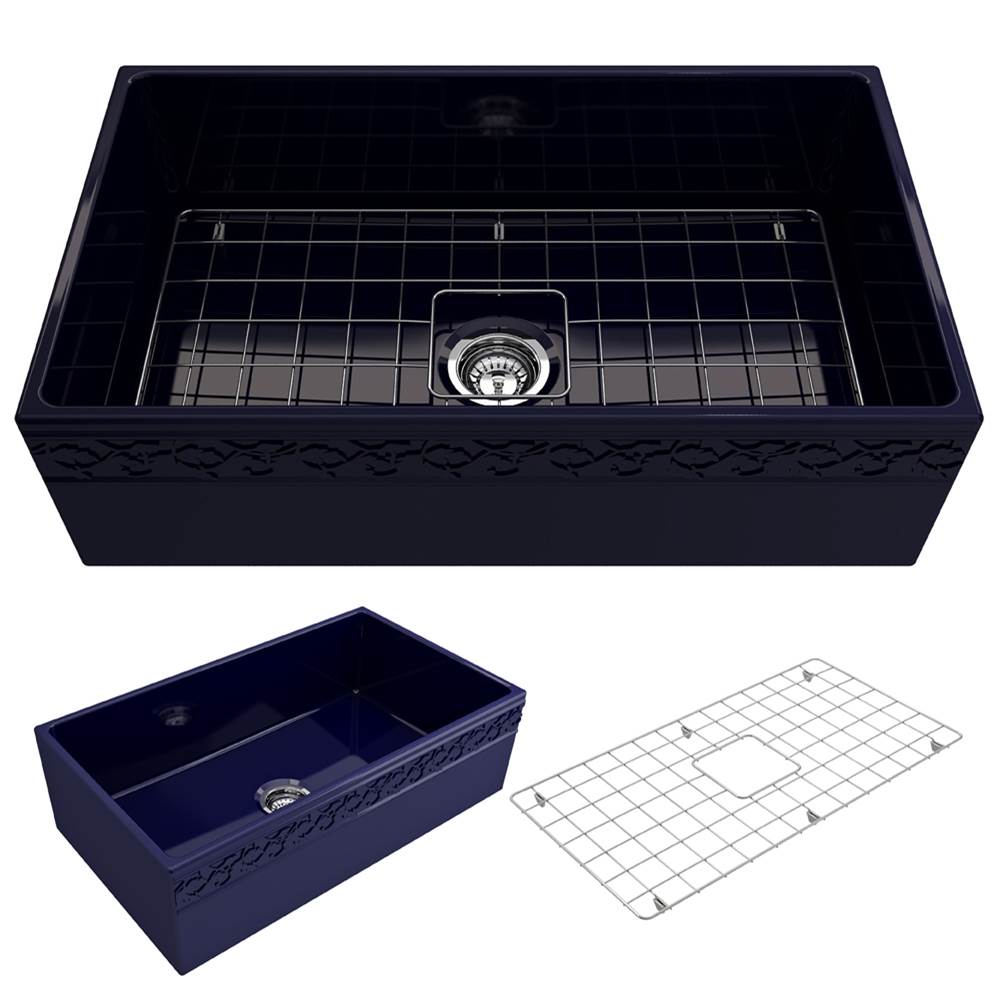 BOCCHI Vigneto Apron Front Fireclay 33 in. Single Bowl Kitchen Sink with Protective Bottom Grid and Strainer in Sapphire Blue