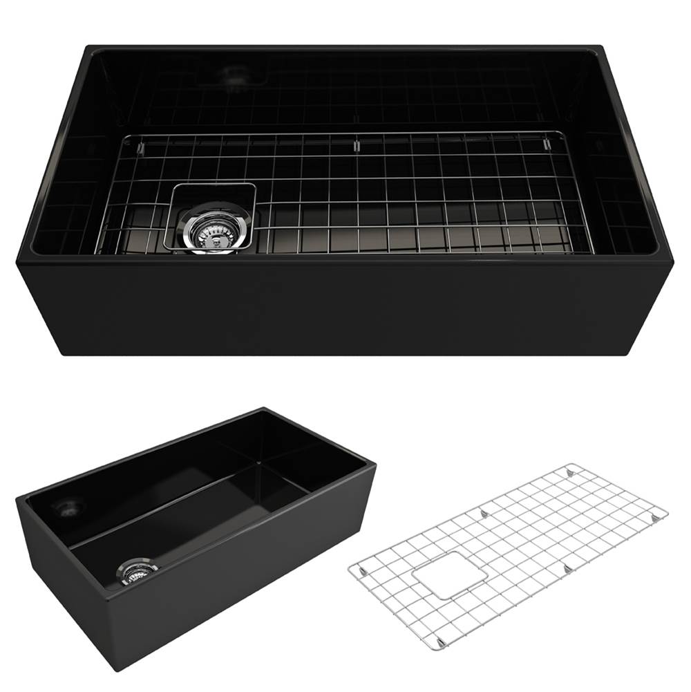 BOCCHI Contempo Apron Front Fireclay 36 in. Single Bowl Kitchen Sink with Protective Bottom Grid and Strainer in Black