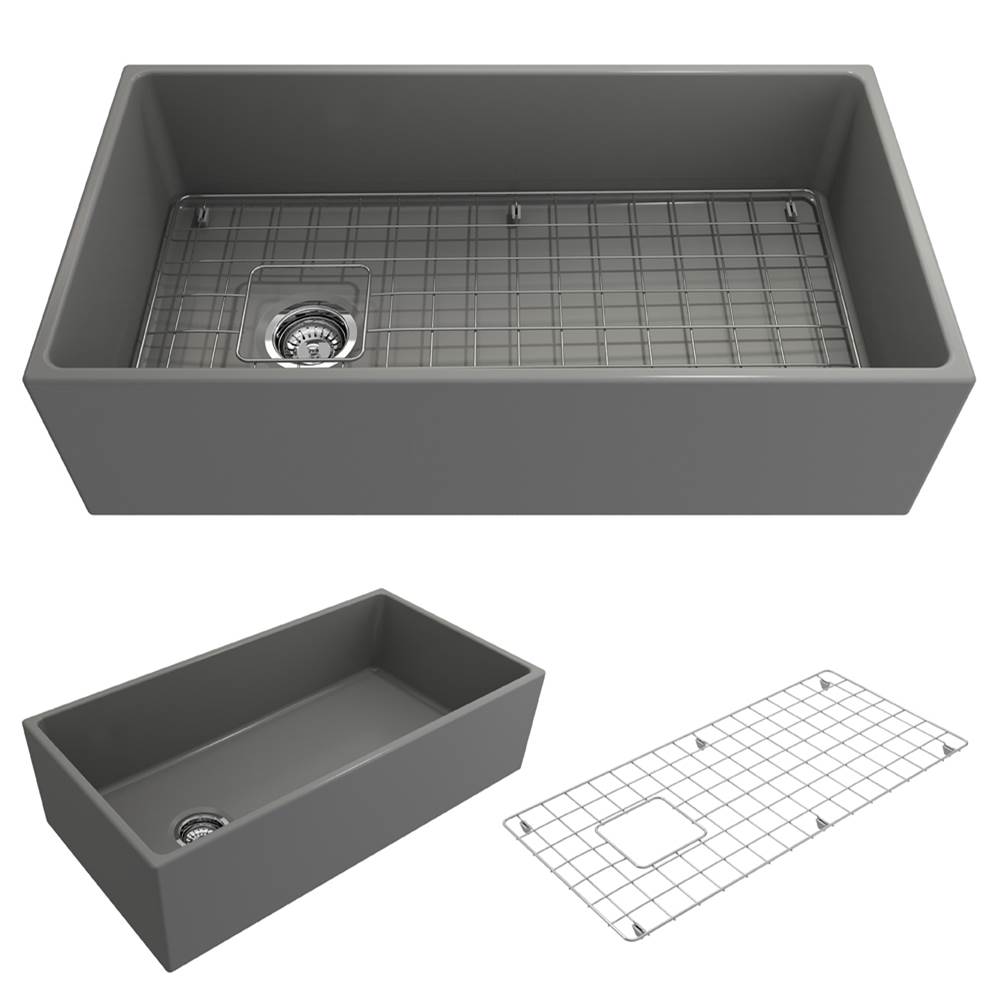 BOCCHI Contempo Apron Front Fireclay 36 in. Single Bowl Kitchen Sink with Protective Bottom Grid and Strainer in Matte Gray