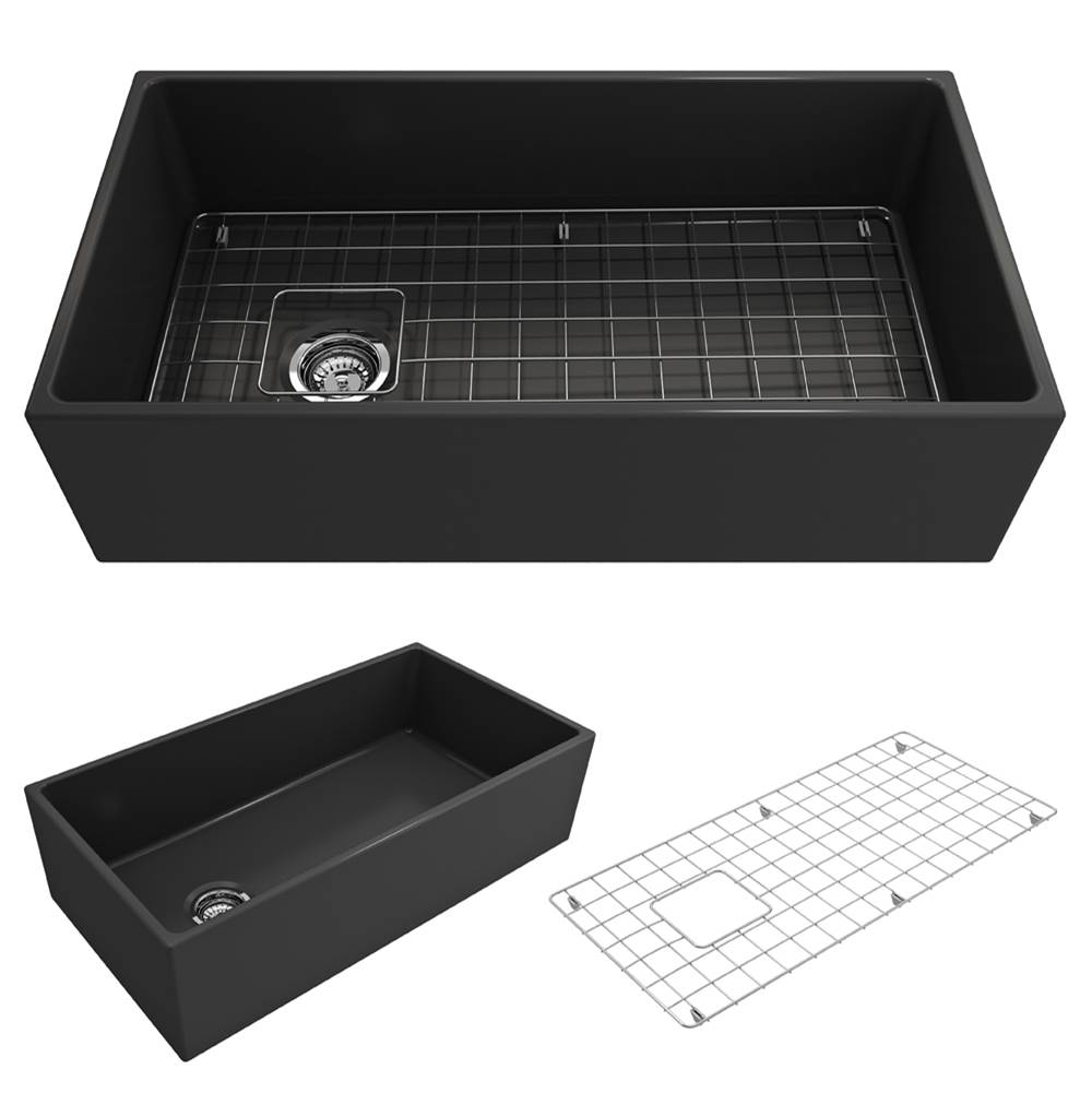 BOCCHI Contempo Apron Front Fireclay 36 in. Single Bowl Kitchen Sink with Protective Bottom Grid and Strainer in Matte Dark Gray