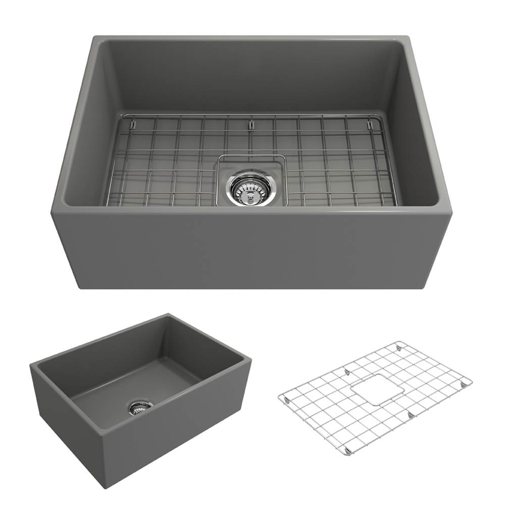BOCCHI Contempo Apron Front Fireclay 27 in. Single Bowl Kitchen Sink with Protective Bottom Grid and Strainer in Matte Gray