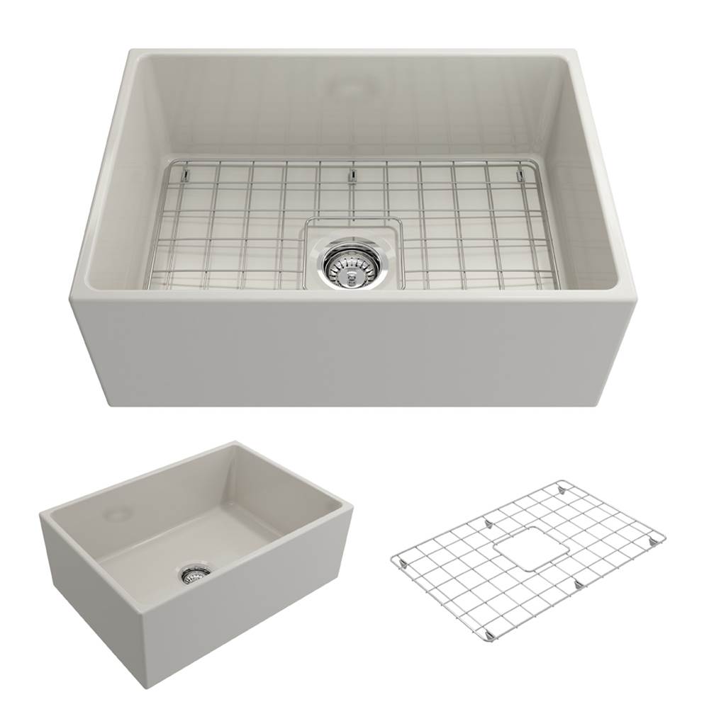 BOCCHI Contempo Apron Front Fireclay 27 in. Single Bowl Kitchen Sink with Protective Bottom Grid and Strainer in Biscuit