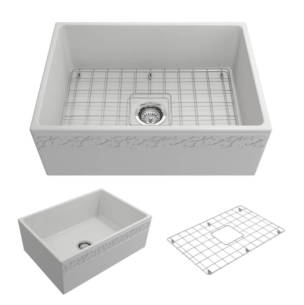 BOCCHI Vigneto Apron Front Fireclay 27 in. Single Bowl Kitchen Sink with Protective Bottom Grid and Strainer in Matte White