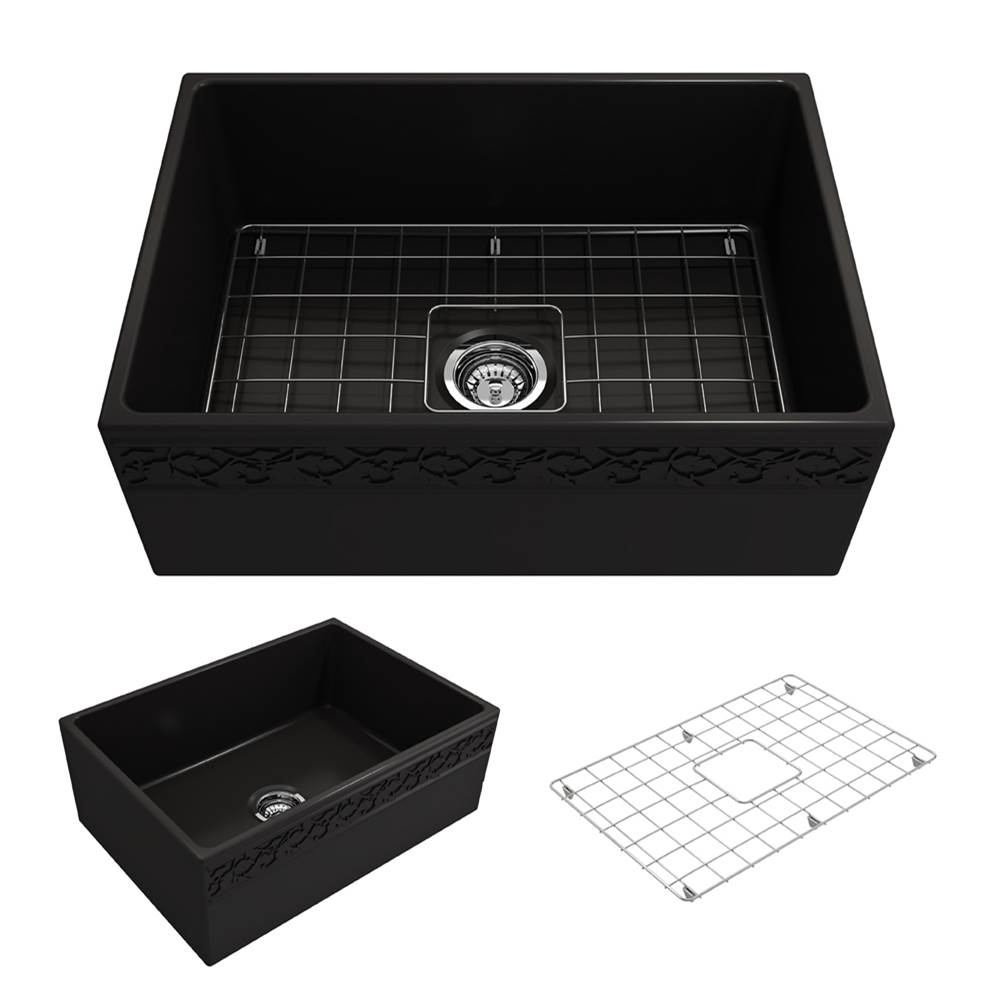 BOCCHI Vigneto Apron Front Fireclay 27 in. Single Bowl Kitchen Sink with Protective Bottom Grid and Strainer in Matte Black
