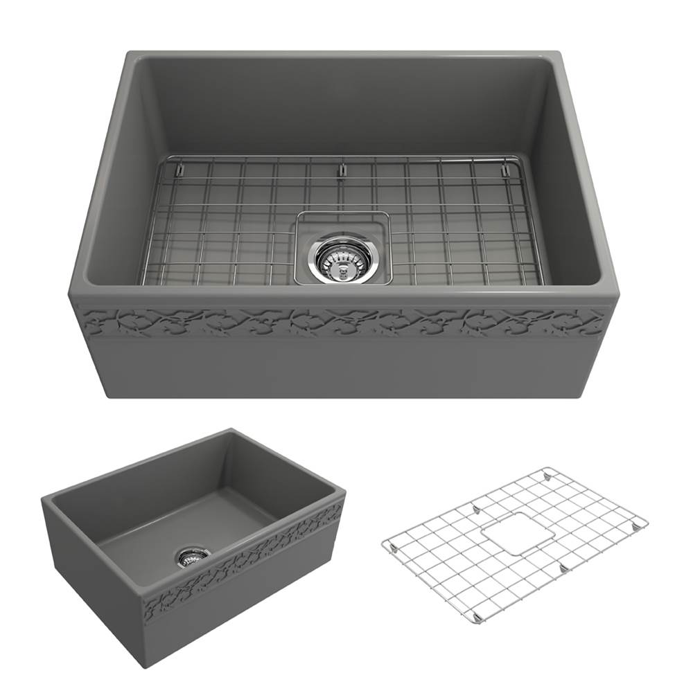 BOCCHI Vigneto Apron Front Fireclay 27 in. Single Bowl Kitchen Sink with Protective Bottom Grid and Strainer in Matte Gray