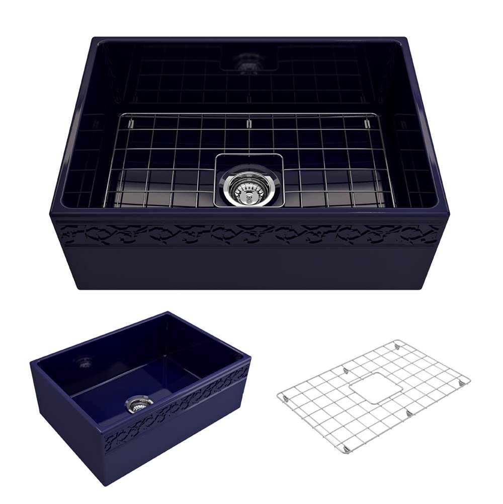 BOCCHI Vigneto Apron Front Fireclay 27 in. Single Bowl Kitchen Sink with Protective Bottom Grid and Strainer in Sapphire Blue