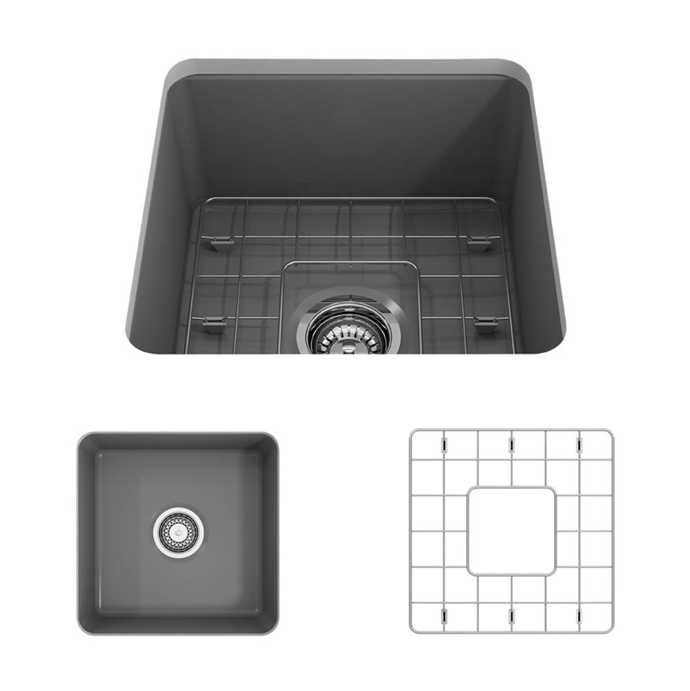 BOCCHI Sotto Dual-mount Fireclay 18 in. Single Bowl Bar Sink with Protective Bottom Grid and Strainer in Matte Gray