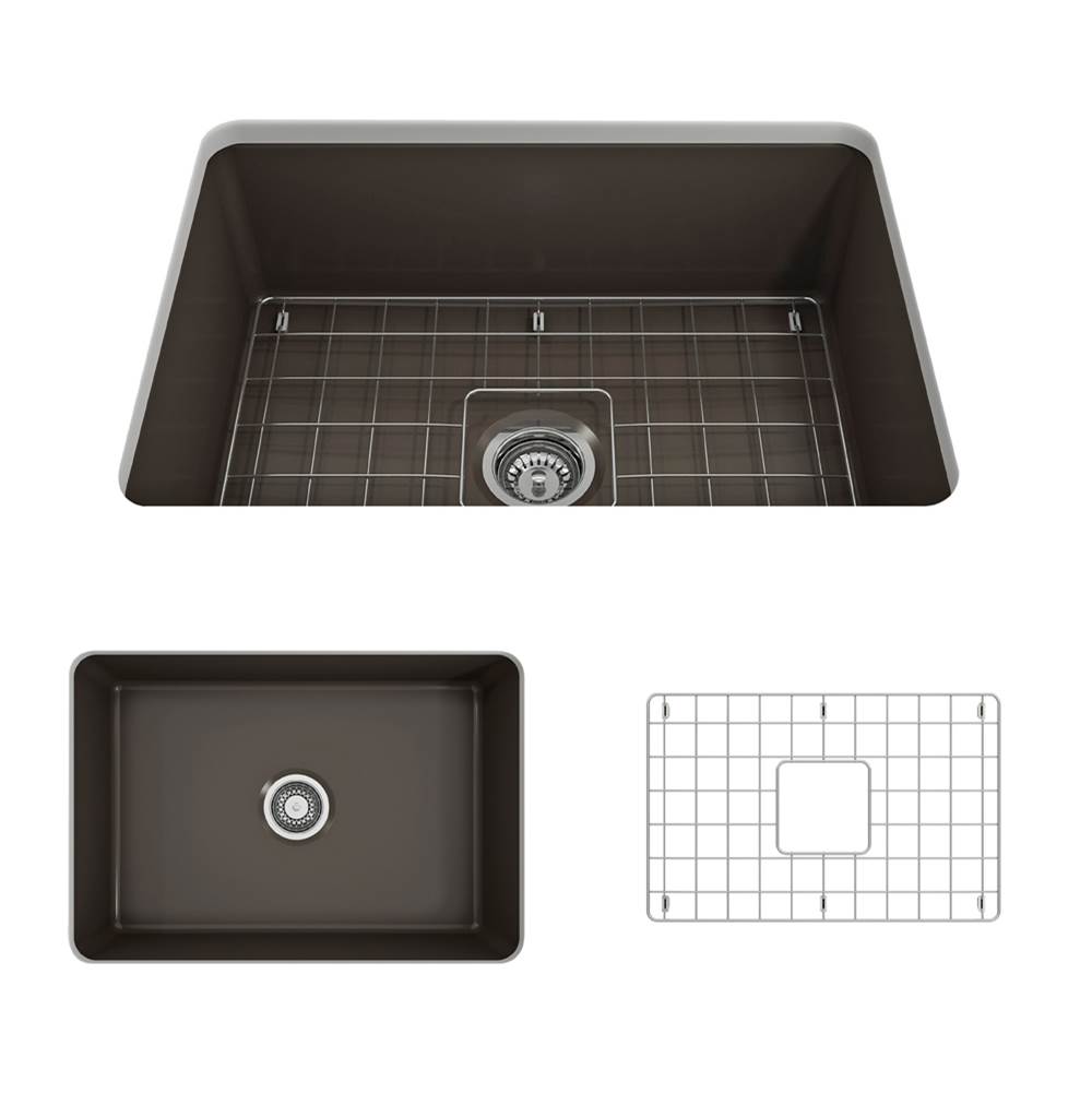 BOCCHI Sotto Dual-mount Fireclay 27 in. Single Bowl Kitchen Sink with Protective Bottom Grid and Strainer in Matte Brown