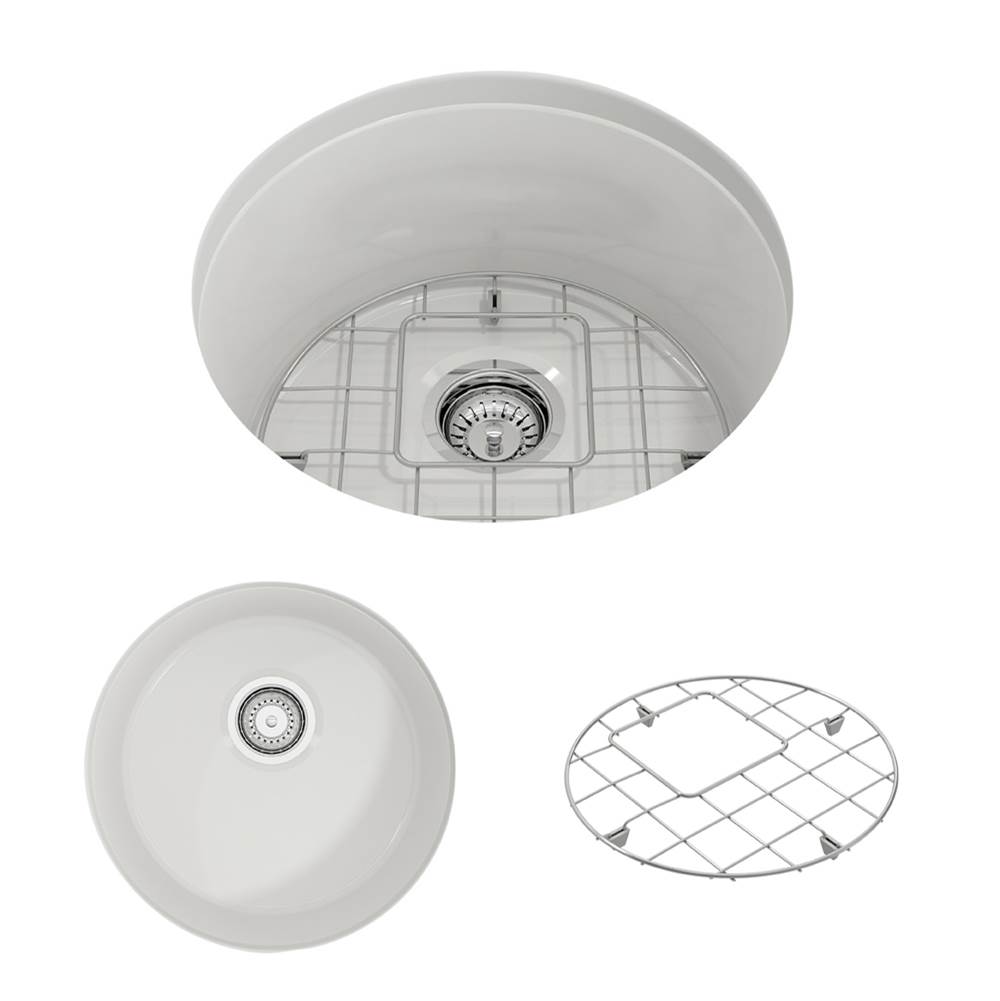 BOCCHI Sotto Round Dual-mount Fireclay 18.5 in. Single Bowl Bar Sink with Protective Bottom Grid and Strainer in White