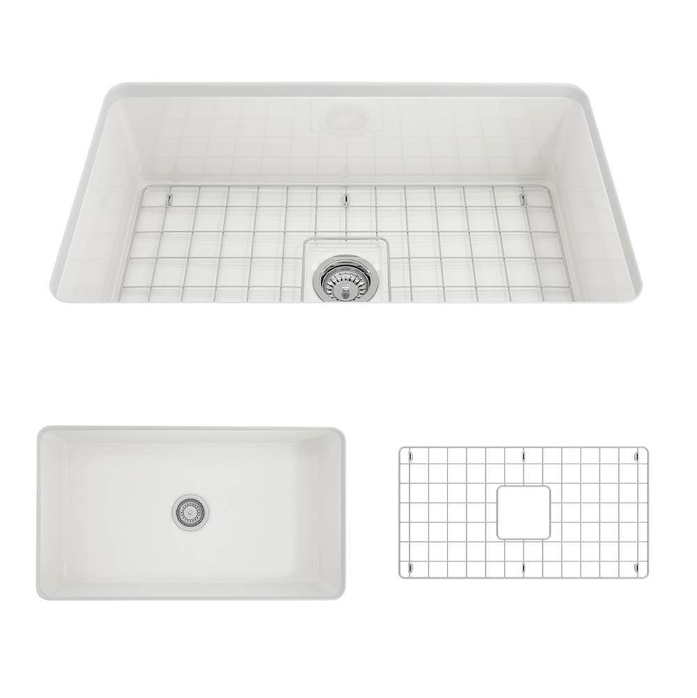 BOCCHI Sotto Dual-mount Fireclay 32 in. Single Bowl Kitchen Sink with Protective Bottom Grid and Strainer in White