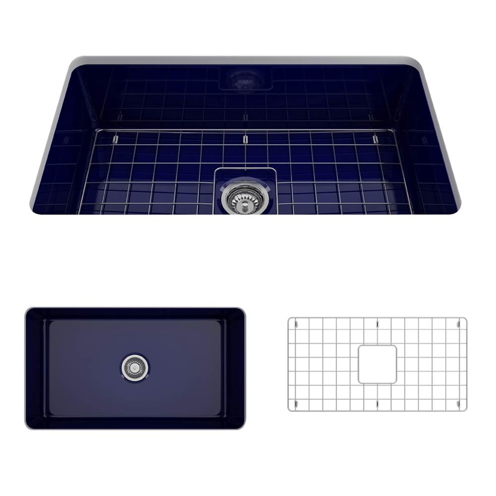 BOCCHI Sotto Dual-mount Fireclay 32 in. Single Bowl Kitchen Sink with Protective Bottom Grid and Strainer in Sapphire Blue