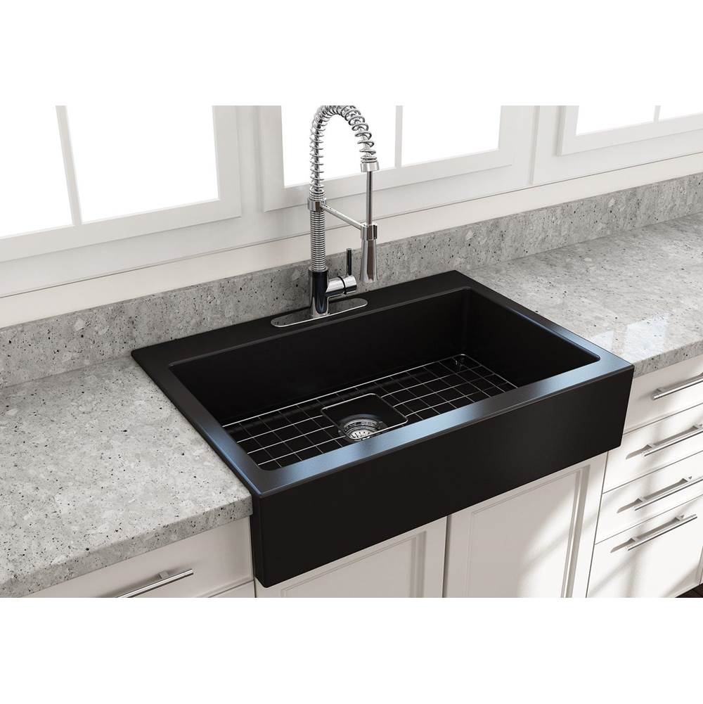 BOCCHI Nuova Apron Front Drop-In Fireclay 34 in. Single Bowl Kitchen Sink with Protective Bottom Grid and Strainer in Matte Black