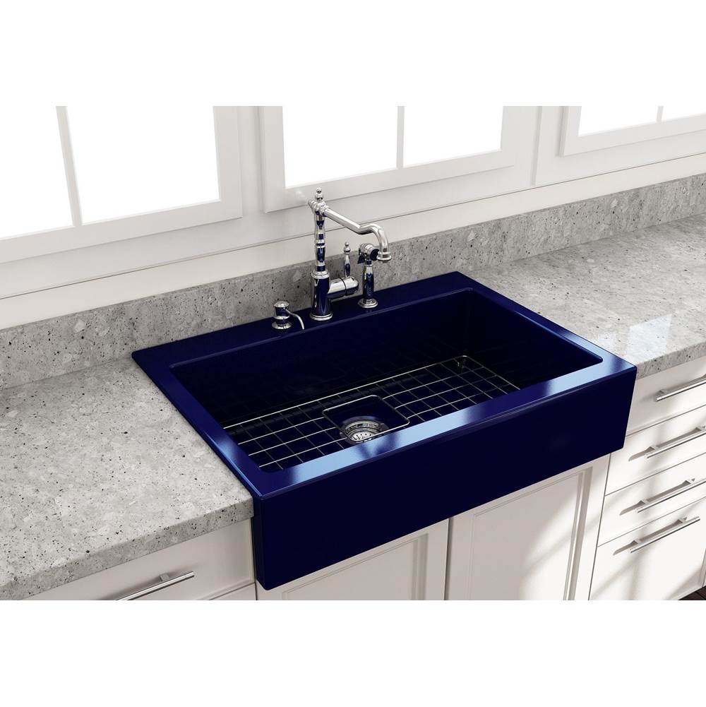 BOCCHI Nuova Apron Front Drop-In Fireclay 34 in. Single Bowl Kitchen Sink with Protective Bottom Grid and Strainer in Sapphire Blue